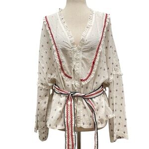 WHIM New York Long Sleeve Belted Embroidered Bohemian White Top Size Small